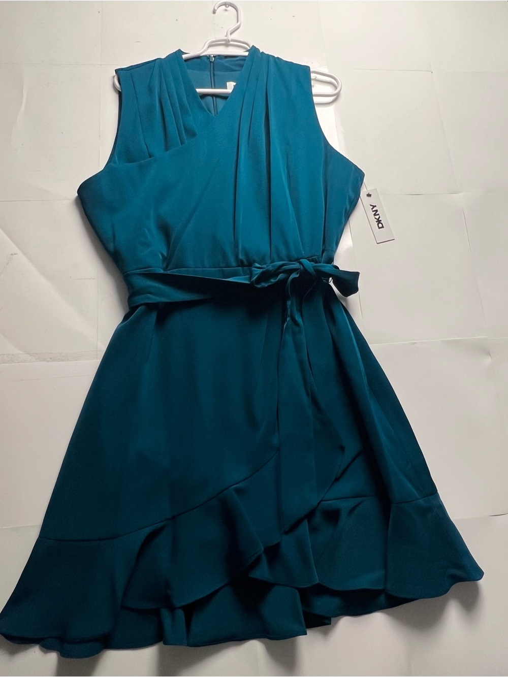 DKNY Teal Wrap-Style Sleeveless Ruffled Mini Dress w/ Belt Women size 14 New